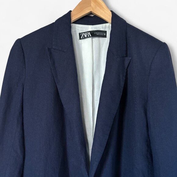 Zara Oversized Linen Blend Roll Up Sleeve Open Front Navy Blue Blazer Size XS - Picture 2 of 11